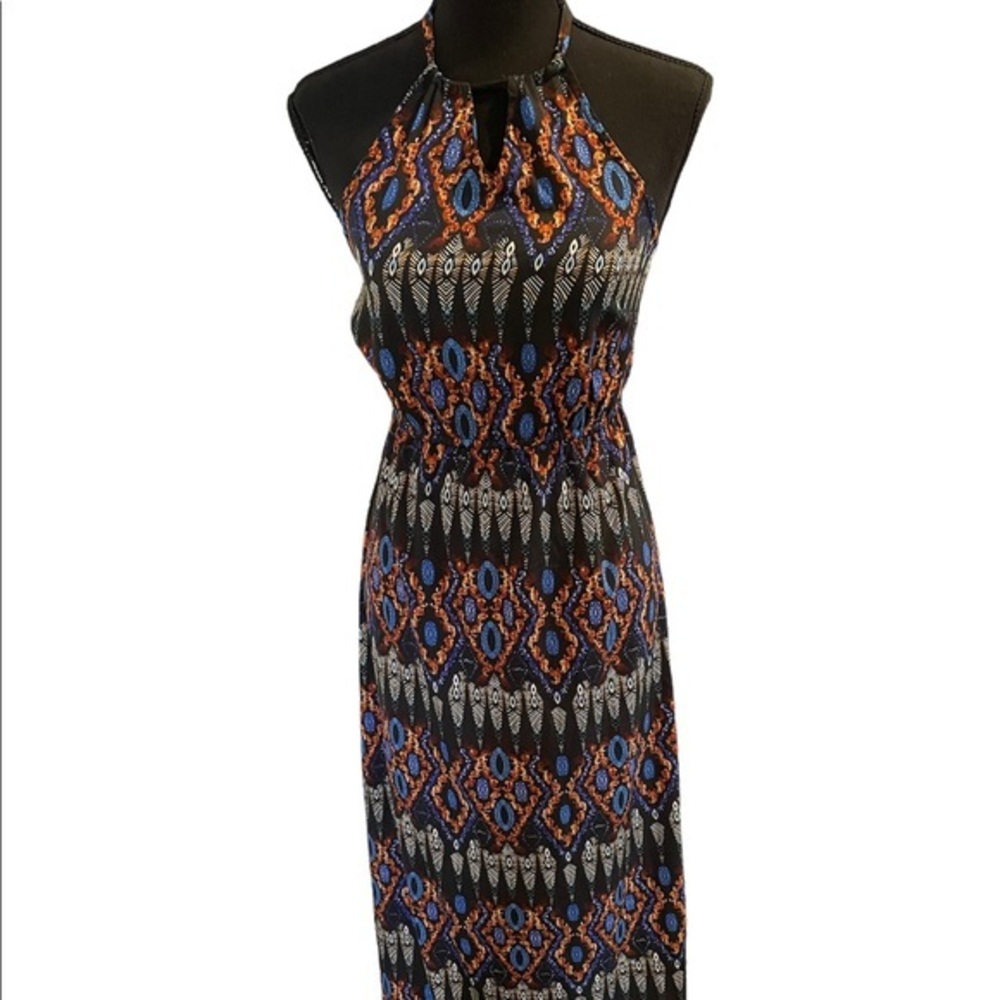 Alisha & Chloe Boho Halter Maxi Blue Orange Print Keyhole Neck Elastic‎ Waist